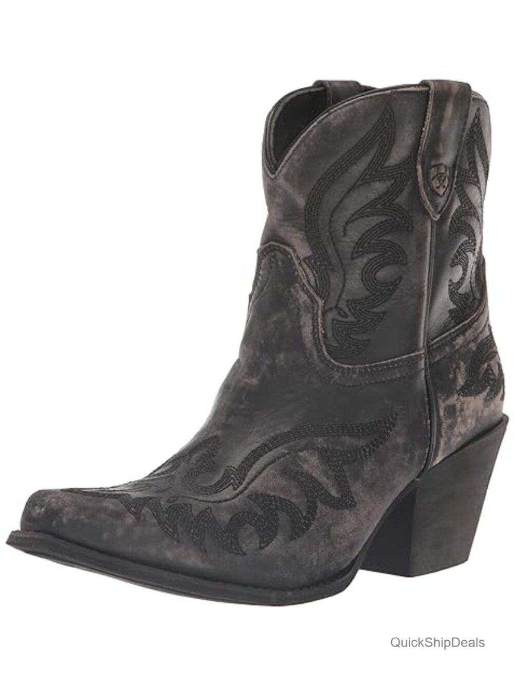 Full-Grain Leather Snip Toe Western Bootie Block Heel Pull-On